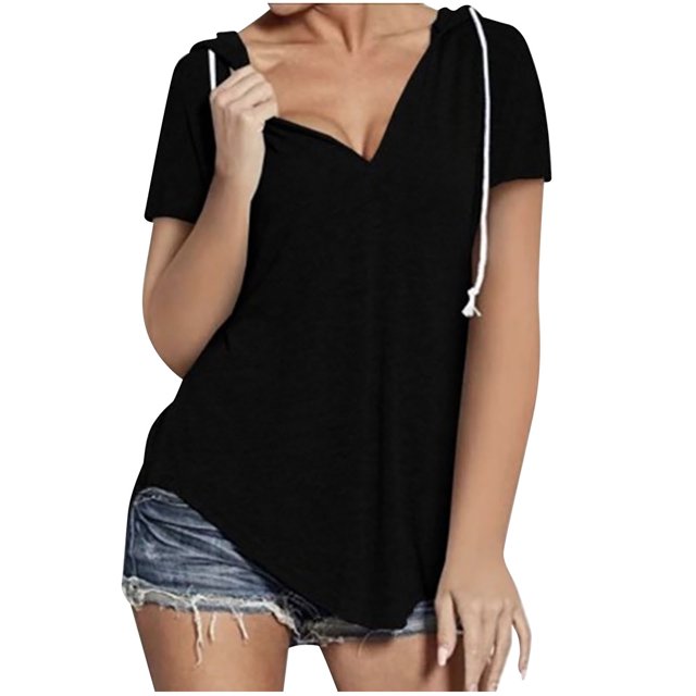 Timegard Womens Tops V Neck Short Sleeve Drawstring Hoodies Pullover Tee Comfy Summer Casual Tunic Tops