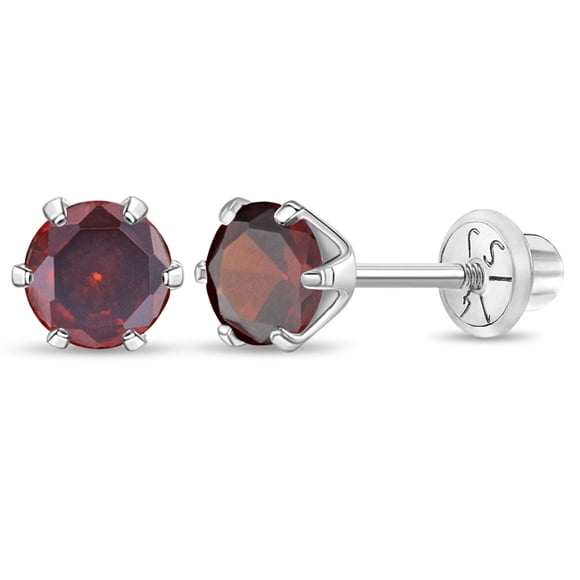 Brilliant Prong Simulated Garnet Girls Earrings Screw Back 14k White Gold