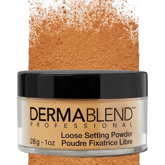 Dermablend Poudre Fixatrice Libre dans du Safran Chaud, Contenant de 1 Oz. l'Image Montre un Pot Transparent avec un Couvercle Noir, Rempli d'Une Poudre Tonée au Safran Chaud. l'Arrière-plan Présente une Présentation Texturée de la Couleur et de la Consistance de la Poudre.