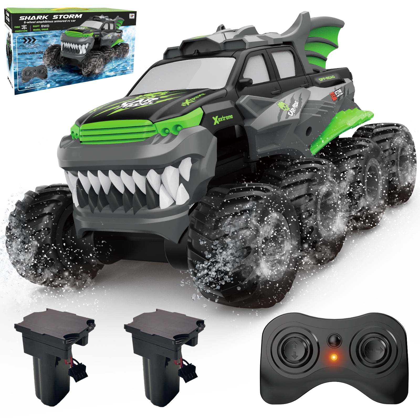 Amphibious Remote Control Car 8WD RC Monster Truck with 2 Rechargeable Batteries for Boys Age 8-12 Offroad Waterproof RC Pickup 2.4GHz All Terrain RC Drift Cars Beach Pool Toys Gifts for Kids Green