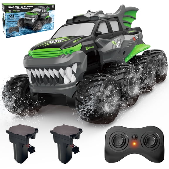 Amphibious Remote Control Car 8WD RC Monster Truck with 2 Rechargeable Batteries for Boys Age 8-12 Offroad Waterproof RC Pickup 2.4GHz All Terrain RC Drift Cars Beach Pool Toys Gifts for Kids Green