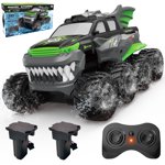 Amphibious Remote Control Car 8WD RC Monster Truck with 2 Rechargeable Batteries for Boys Age 8-12 Offroad Waterproof RC Pickup 2.4GHz All Terrain RC Drift Cars Beach Pool Toys Gifts for Kids Green