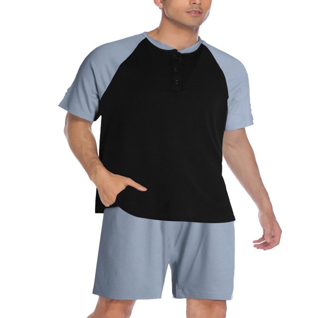 CNKOO 2 Pcs Mens Summer Pajamas Sets Stylish Contrast Color Short-sleeved Tops and Solid Color Shorts Home Clothes