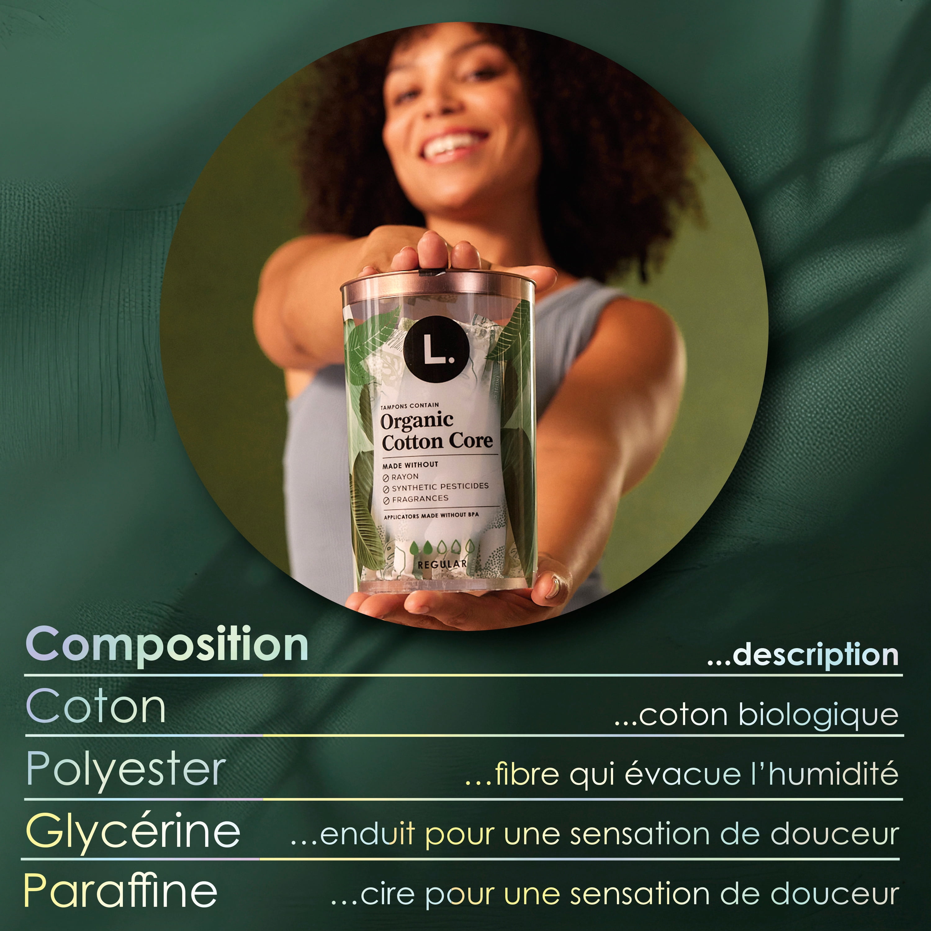 Tampons L., fabriqués à partir de coton biologique, degré d’absorption régulier/super, emballage multiple, sans pesticides synthétiques, rayonne ni parfums, 18 U