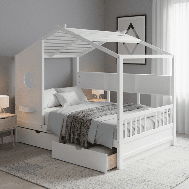 Homy Casa Denver Collection Solid Wood House Bed Frame with Storage Drawers, Full Size, White, a Montessori-inspired solid pine wood floor bed with a house-shaped frame, two spacious storage drawers, and a built-in bookshelf. The semi-enclosed design supports up to 550 lbs and encourages independence and imaginative play. Styled with white bedding and a gray throw in a softly lit bedroom.