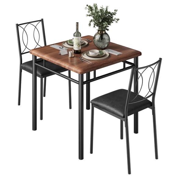 Space-Saving Dining Table Set for 2 – 3-Piece Farmhouse Wood Table & Upholstered Chairs – Easy to Clean, Compact Apartment Furniture – Ideal for Small Spaces – Walnut Color (AAE35-13A)