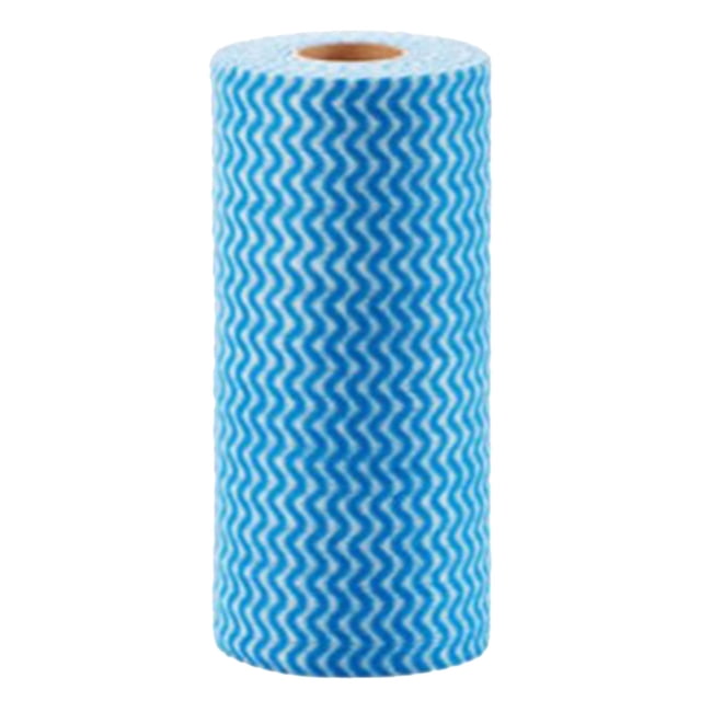 WIFKLSIIPG Counts Dish Cloths Kitchen Reusable Disposable Cleaning Towels and Dish Cloths Cleaning Rags Wipes Disposable 50 Count/Roll Four Colors. A roll of blue disposable cleaning cloths with a white zigzag pattern, made of nonwoven material. The roll contains 50 sheets, each measuring 20x30 cm, suitable for cleaning kitchens, bathrooms, and other surfaces. The cloths are durable, absorbent, and reusable up to 20 times.
