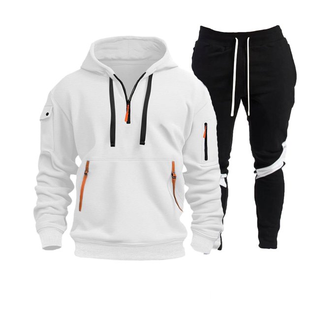 Ketyyh-chn99 Sweat Suits for Men Set 2 Pcs Hoodie Jogger Sweatsuits Men's Sports Two Piece Solid Color Multipocket Half Zipper Hooded Sweater Color Matching Waist Casual Pants Size for S,White