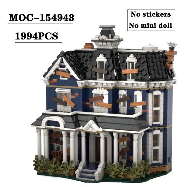 Creel House Modular Building Blocks Set MOC Bricks DIY Model Educational Toys, a 1994-piece replica of the Creel Mansion from Stranger Things. Features boarded windows, a dark roof, and intricate architectural details. Made of ABS plastic, compatible with LEGO bricks, and suitable for ages 8 and up. Ideal for educational play and DIY model building. No stickers or mini-figures included.