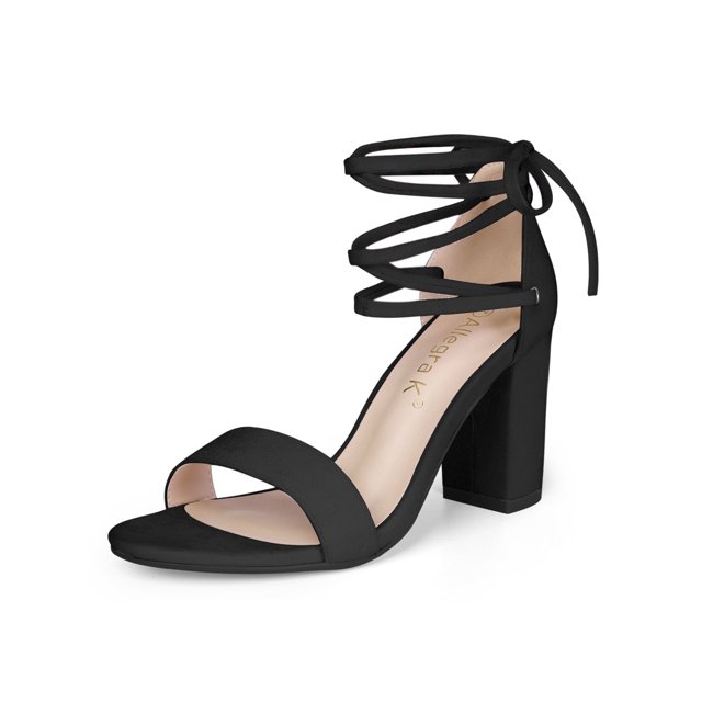 BLISSFUL STEP Sandales pour Femmes Unies d'Été à Talons Blocs à Lacets Noires 9,5