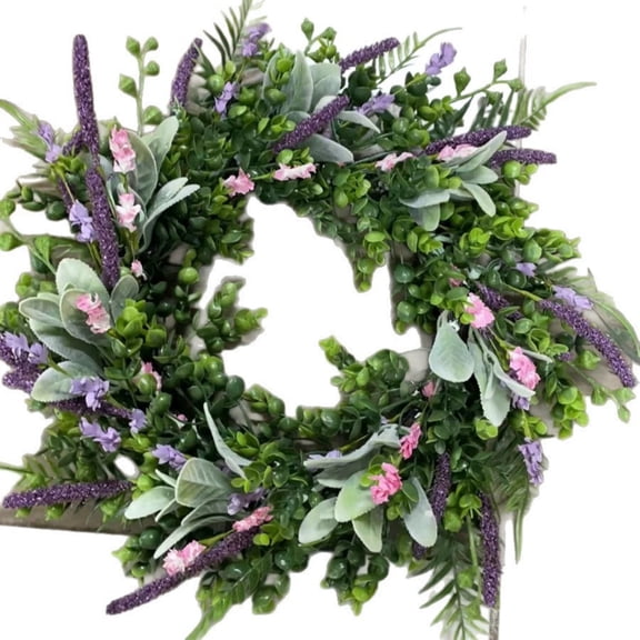 Artificial Floral Wreath, Four Season Lavender Wreath with Green Foliage for Front Door, Indoor Outdoor Wreath Decor for Spring Summer Fall Winter Home Entryway Patio