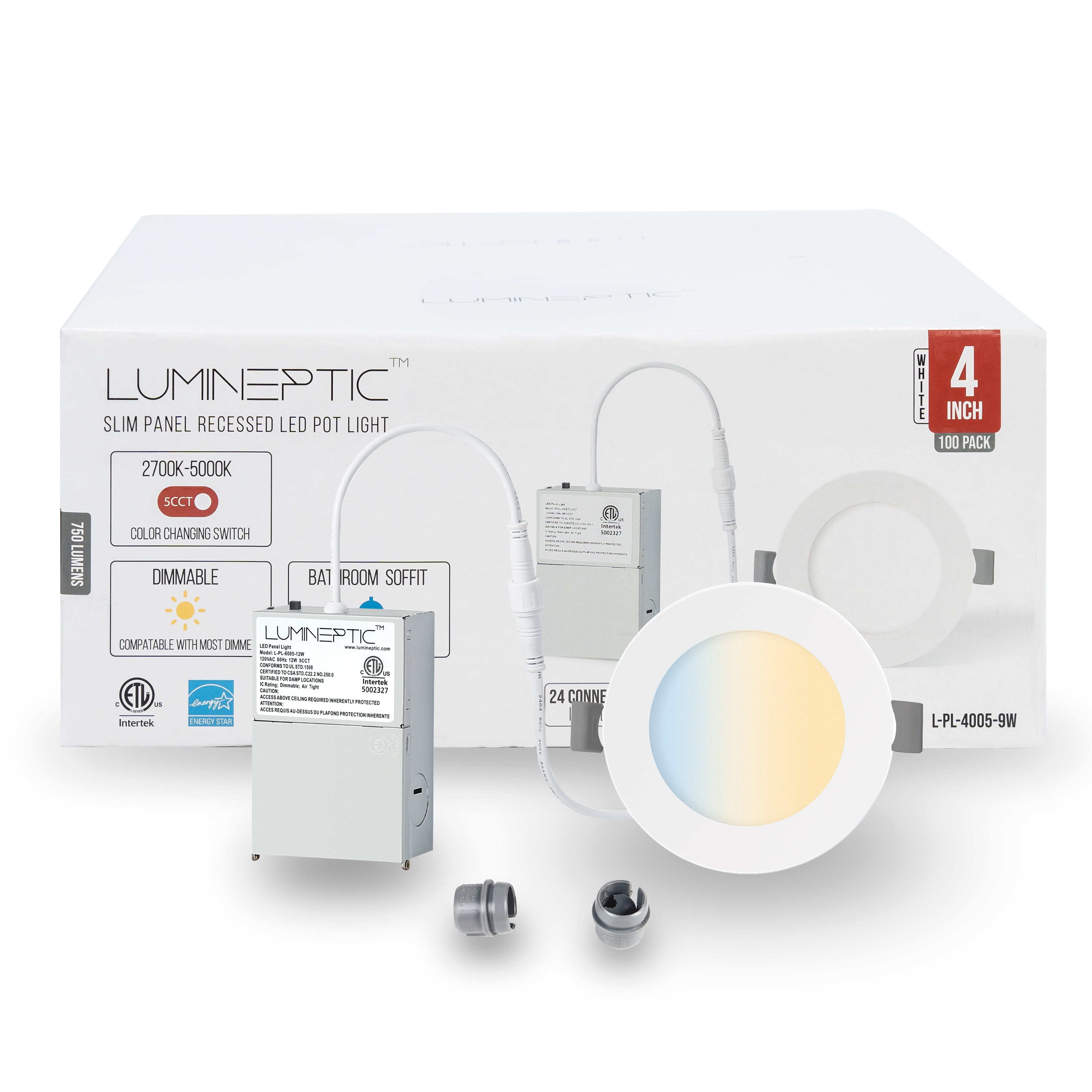 LUMINEPTIC 4 Inch 100 Pack 5CCT Dimmable Slim Recessed LED Pot Lights, Selectable Colors, Bathroom & Damp Locations
