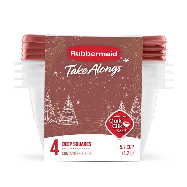 Rubbermaid TakeAlongs 5.2-Cup Food Storage Containers, Meal Prep Containers with Lids, Limited-Edition Maple Leaf Red, 4-Pack with four clear deep square containers and maple leaf red lids featuring QuikClik Seal for secure audible closure, BPA-free, microwave-safe bases, and stackable ridged lids for space-saving kitchen storage, also ideal for storing holiday treats or leftovers.