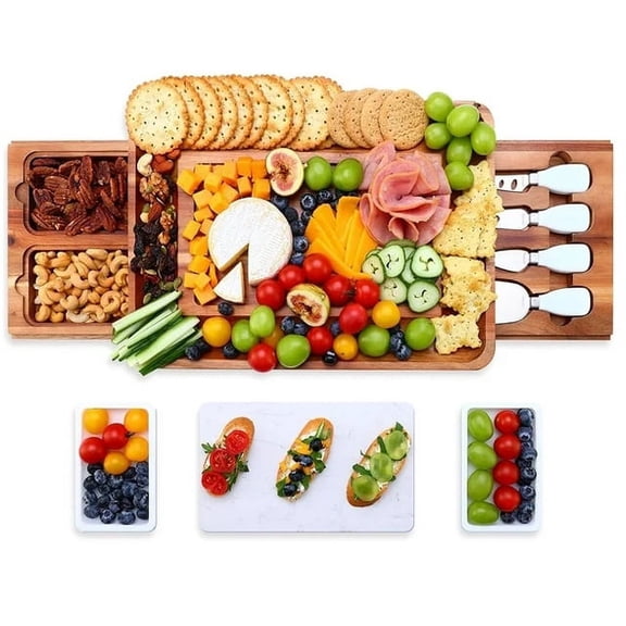 Hecef Ensemble de Planche à Charcuterie, Grand Plateau de Service pour Fromage en Bois d'Acacia de 15 Po, Cadeau de Pendaison de Crémaillère pour Noël Mariage Action de Grâce