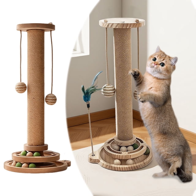 Function Cat Scratching Post and Interactive Teaser Wand with Natural Wood Base and Durable Sisal Material for Indoor Feline Entertainment