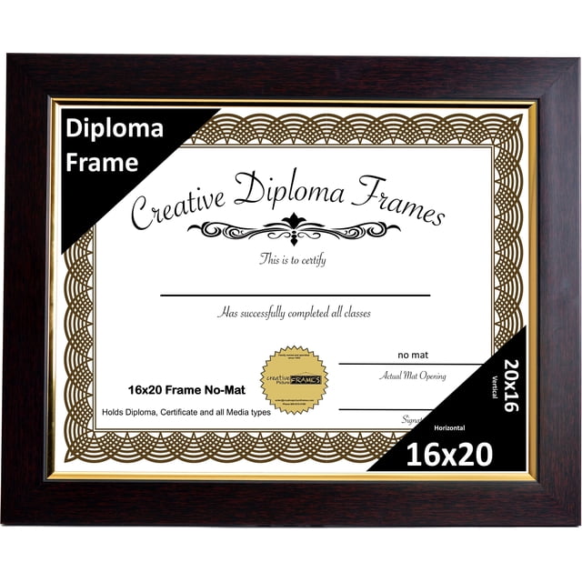 Creative Picture Frames 16x20 Mahogany Diploma Frame with Gold Rim No Mat with Glass and Installed Wall Hangers