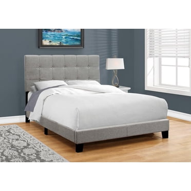 Monarch Specialties Lit, Taille Réelle, Plate-forme, Chambre À Coucher, Cadre, Rembourré, D'aspect Lin, Pattes En Bois, Gris, Transitionnel