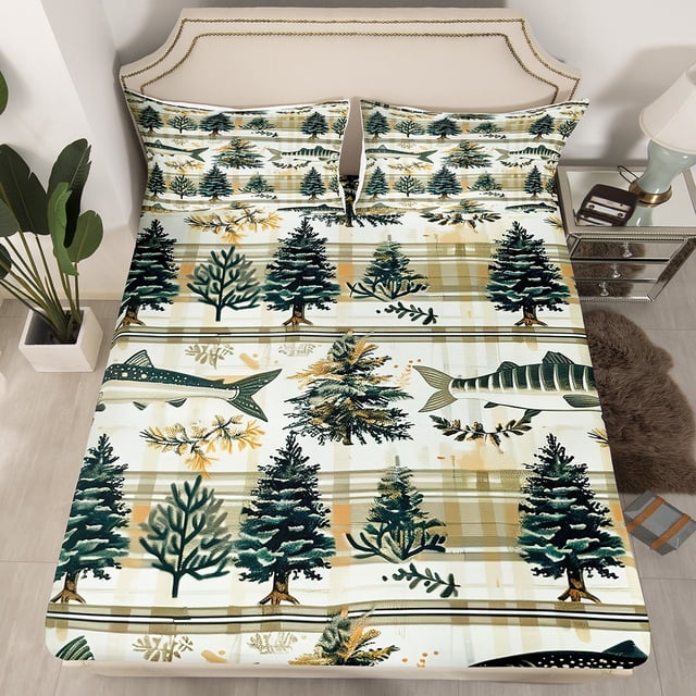 Bass Fish Fitted Sheet Queen Size,Pine Tree Jungle Bedding Set 3Pcs for Kids Adult Room Decor,Fishing and Adventure Bed Sheet Rustic Green Striped Deep Pocket Sheet,2 Pillowcases(No Top Sheet)