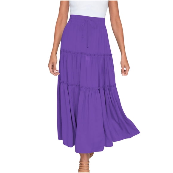matoen Women Casual Fashion Skirts Solid Color Ruched Elegant Skirt High Waist Drawstring Flowy Skirt