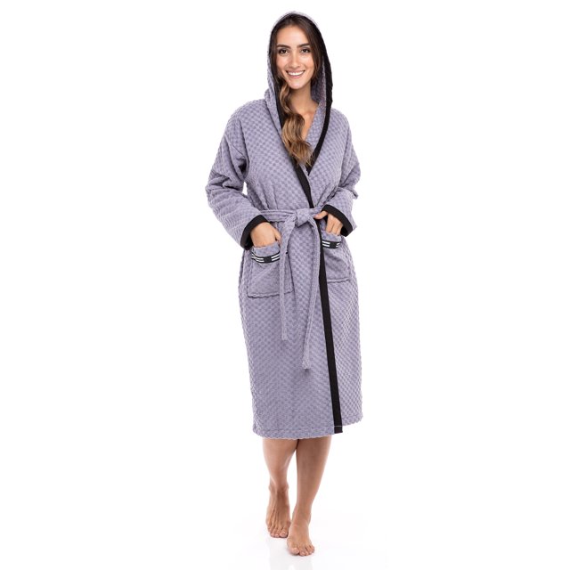 Women’s Waffle Weave Robe Ladies Hooded Bathrobe 100% Terry Cotton Spa Robes Gray XL