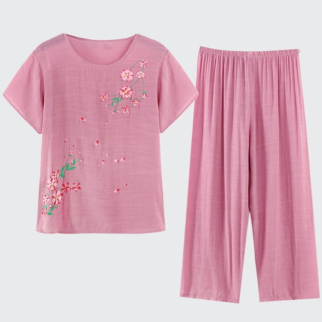 TIMIFIS Ensembles de Pyjamas pour Femmes 2 Pcs Pyjamas Grande Taille Coton et Lin Haut à Manches Courtes Col Rond Vêtements de Nuit Pyjamas Confortables et Respirants - Printemps/été