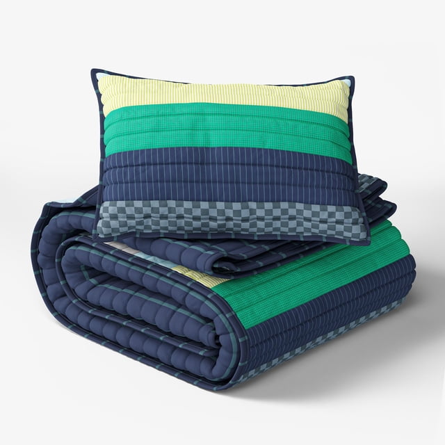 Mainstays Kids Reversible Green Stripe Stitch Quilt Set, 2 Pieces, Twin