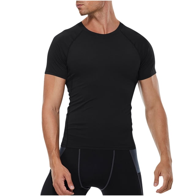 Kaemgyyd Chandail de Compression pour Homme Respirant à Manches Courtes Ajusté sous-Vêtement de Sport Athlétique en Noir, Conçu avec un Tissu Extensible à Séchage Rapide pour la Course, l'Entraînement et Autres Activités Athlétiques. Présente un design Ajusté, des Manches raglan et Fait Partie des Hauts de Sport pour Hommes.