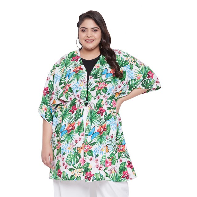 Women's Kimono Cardigan Floral Print Drawstring Open Front Loose Top Summer