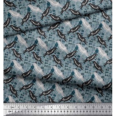 Soimoi Blue Velvet Fabric Text & Crow Bird Print Fabric by Yard 60 Inch Wide