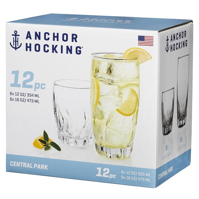 Anchor Hocking 12pc Central Park Drinkware Set box displaying six 12-ounce and six 16-ounce clear glass tumblers with curved bell shape and twisting bottom, one glass filled with iced lemon water, suitable for everyday beverages like water, soda, and iced tea, packaging shows brand logo and US flag.