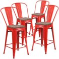 thumbnail image 1 of 4 Pk. 24" High Red Metal Counter Height Stool with Back and Wood Seat, 1 of 8