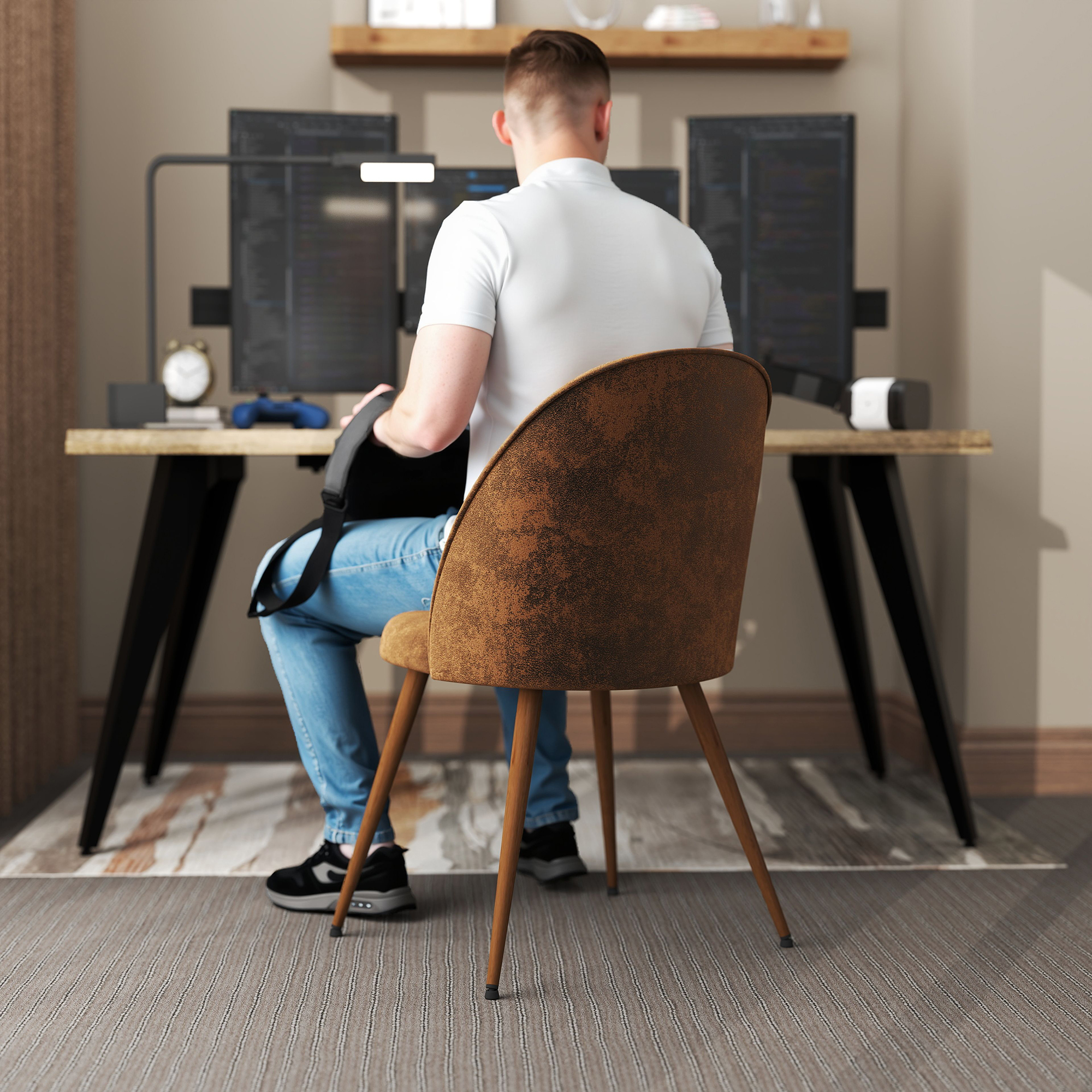 Ensemble de 2 chaises de bureau modernes Homy Casa, dossier incurvé rembourré en imitation daim brun