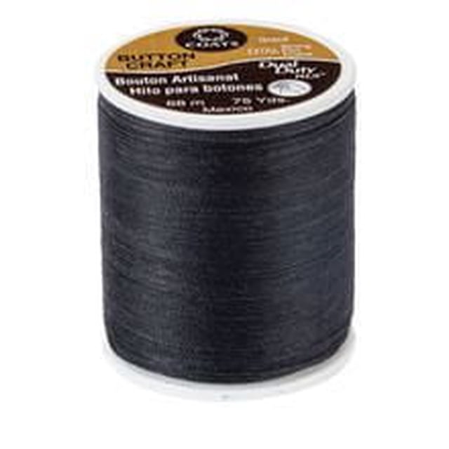 Coats & Clark Dual Duty Extra Strong Button & Craft Thread spool in black, made of 74% polyester and 26% cotton with a polished glacé finish to prevent tangling and abrasion, suitable for heavy-duty sewing, button repairs, and craft projects.