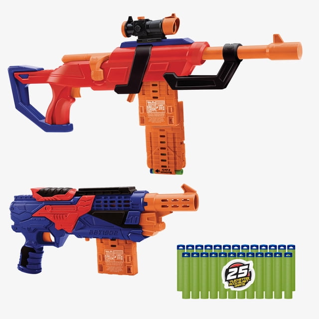 Adventure Force Arsenal Value Set with two foam dart blasters: a red and blue clip-fed rifle blaster with orange barrel and black scope, and a blue and red revolver-style blaster with orange barrel. Includes 25 green long-distance darts and two 8-count orange dart clips, suitable for outdoor tactical foam blaster play.