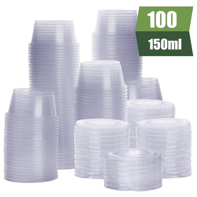 100Pcs Disposable Jello Shot Cups Plastic Portion Cups With Lids Condiment Containers. The image displays 100 transparent plastic cups and lids, stacked in organized piles. Each cup holds 150ml and comes with a lid featuring an audible snap closure to prevent leaks. Suitable for condiments, sauces, jello, cheese, yogurt, and food samples. The stackable design and separate storage bags for cups and lids ensure easy storage and access.