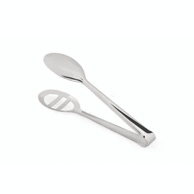 Verka Pince en Acier Inoxydable, 7,5 Pouces, Vue Frontale avec un Bras-Cuillère Solide et un Bras Ajouré en Acier Inoxydable Poli. Cet Ustensile de Cuisine Offre une Prise Sécuritaire pour Servir des Salades, du Pain Ou des Aliments Chauds et Va au Lave-Vaisselle pour un Nettoyage Facile.