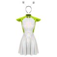thumbnail image 3 of LiiYii Ensemble de Costume d'Alien de l'Espace pour Femmes, Robe Mini Évasée Trapèze à Manches Cap, avec Cheveux, Argent Vert, P, 3 of 8