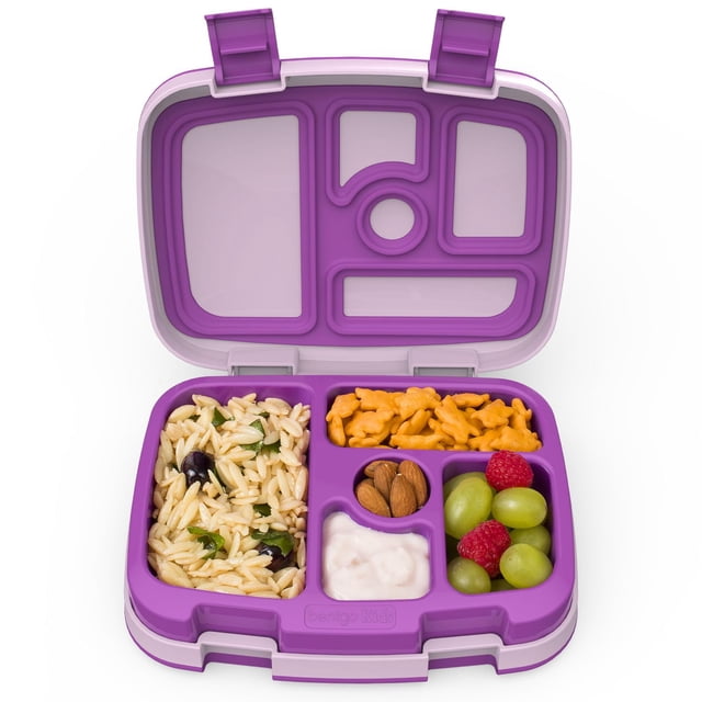 Bentgo Kids -Purple bento-style lunch box with five compartments, open to display orzo pasta salad, goldfish crackers, almonds, yogurt dip, and grapes with raspberries. It features drop-proof rubber-coated edges and two easy-to-use latches, suitable for portion-controlled meals.