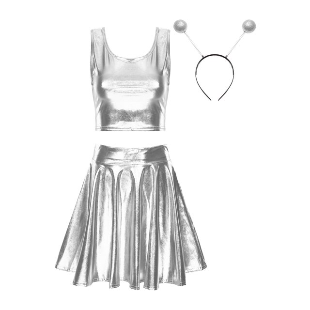 YONGHS Women's Alien Set Cheer Leader Outfit Metallic Crop Tank Top with Ruffle Skirt Hair Hoop Silver M