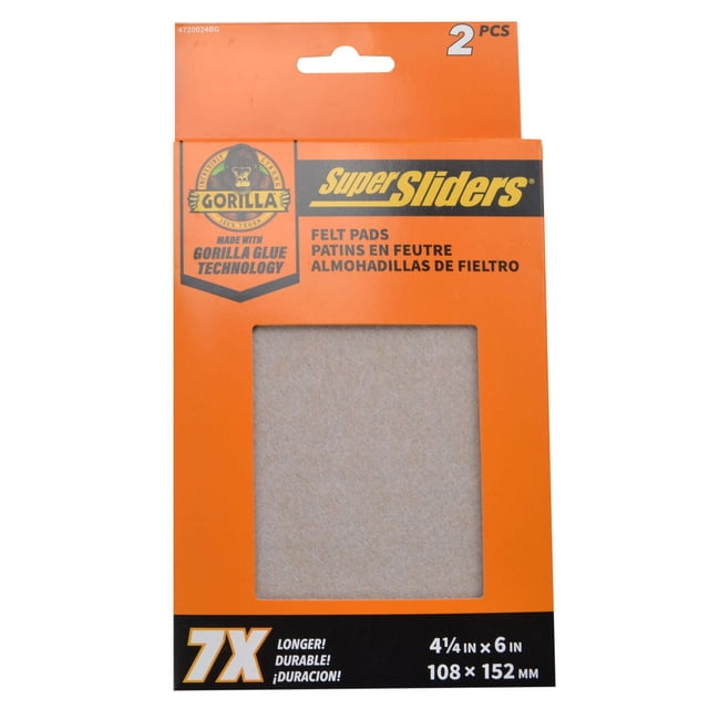 Super Sliders with Gorilla Glue 4-1/4"x6" felt pads in orange and black packaging showing two rectangular felt furniture pads with Gorilla Glue technology for strong adhesion, designed to protect hardwood, tile, and laminate surfaces.