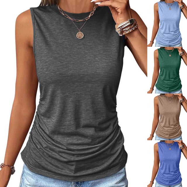 JDQJBZ Camisoles pour Femmes Couleur Unie Col Rond Sans Manches Coupe Ample Grande Taille Haut Décontracté