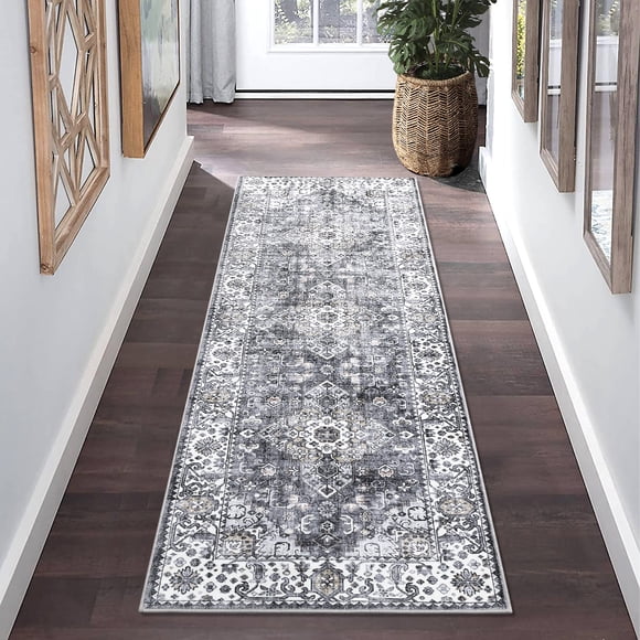 Runner Rug 2x6ft - Vintage Distressed Washable Non-Slip Medallion Boho Carpet - Low Pile Mark Resistant Faux Wool Area Rug for Hallway, Bedroom, Entryway, Kitchen - Grey, USA