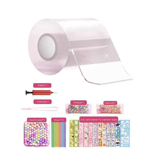 Nano Tape Bubble Kit For Kids With Video Tutorials, featuring a roll of transparent nano tape, an inflator, colorful pearls, straws, tweezers, sequins, sugar grains, and decorative stickers. This DIY craft kit allows kids and adults to create custom nano tape bubbles in various colors and sizes using included materials and step-by-step video tutorials. The nano tape is also suitable for daily stick-on needs without leaving marks. Ideal for family games and as a gift.