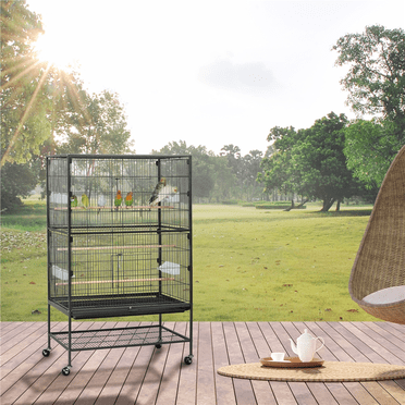 Yaheetech 52" H Rolling Parrot Cage with 3 Perches and 4 Feeders, Black