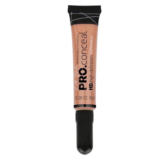 LA Girl HD PRO Conceal Color Corrector in a peach-toned squeezable tube with black screw cap, featuring a creamy, lightweight formula that offers crease-resistant, opaque coverage to even skin tone, cover dark circles, and hydrate skin for a flawless complexion.