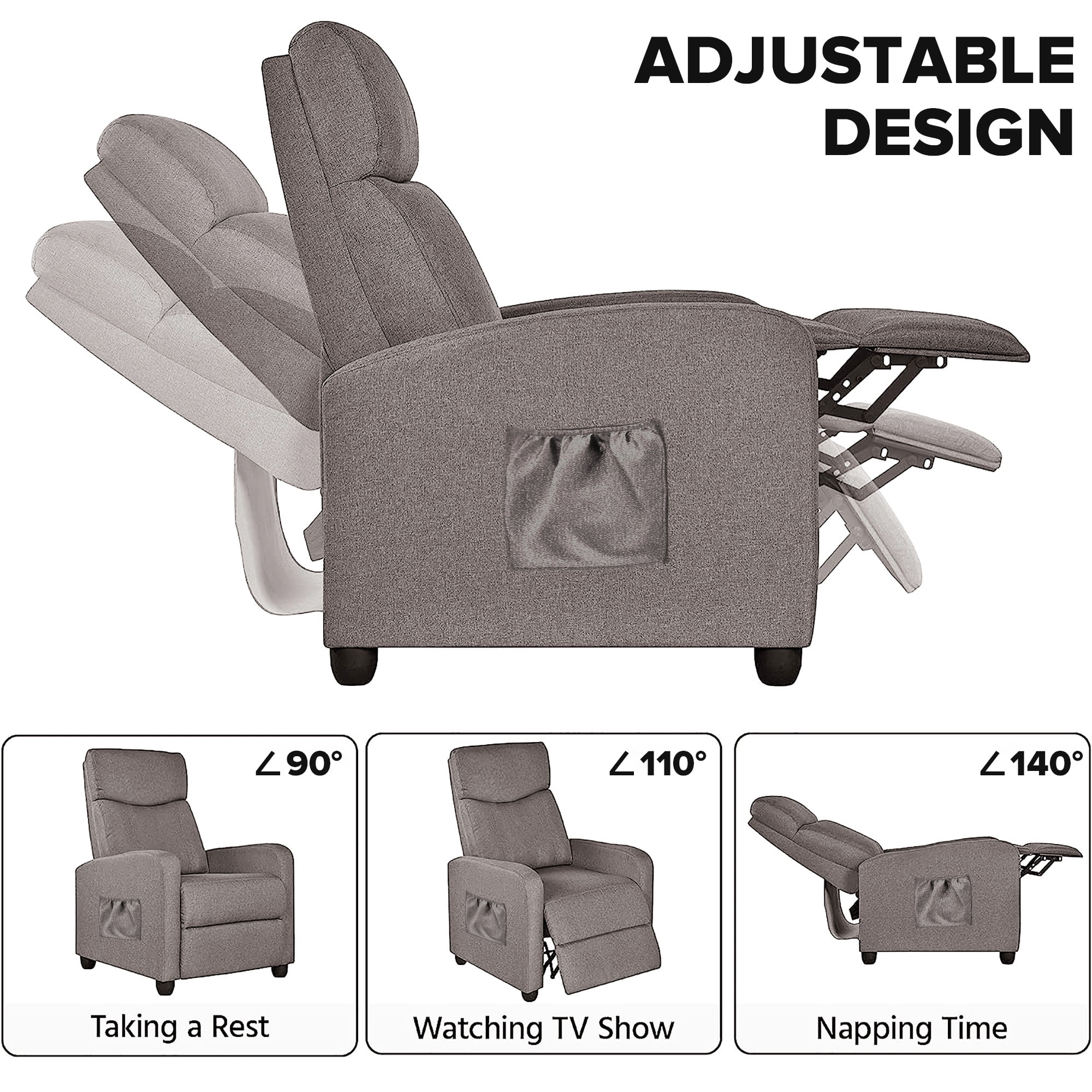 Fauteuil inclinable de massage Comhoma en tissu avec repose-pieds, gris, à inclinaison par poussée arrière
