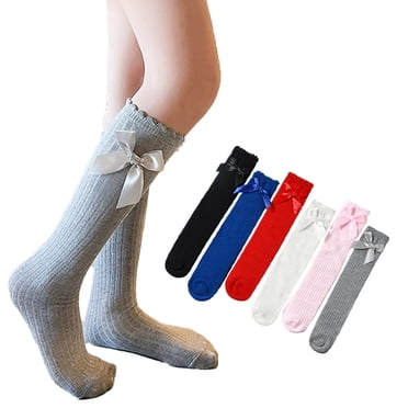 Esaierr 3-12Y Baby Toddler Girls Knee High Socks for Baby Bow Socks Vertical Bar Solid Color Socks Thin Cotton Socks
