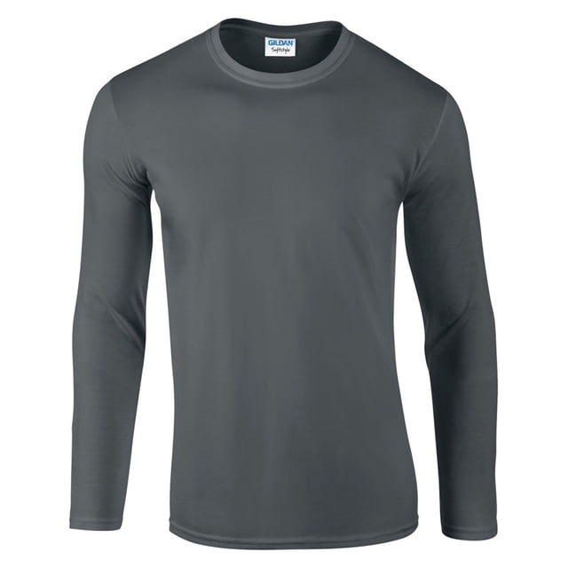 Gildan Mens Soft Style Long Sleeve T-Shirt in a plain design, crafted from 100% ringspun cotton with a soft fabric blend. Ideal for men's casual wear, it features a crew neckline with ribbed collar, taped shoulders, and long sleeves. Classic fit with seamless side seams and twin needle stitching for durability. Certified sustainable under Oeko-Tex Standard 100 and other initiatives.