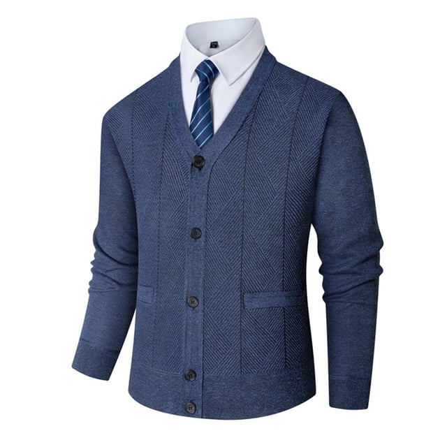 Cardigans pour Hommes, Cardigan pour Hommes d'Automne et d'Hiver Décontracté Coupe Régulière Uni à Manches Longues Col en V à Boutons avec Poches, Veste Chandail Tricotée Élastique Doublée en Molleton, Cardigan pour Hommes P