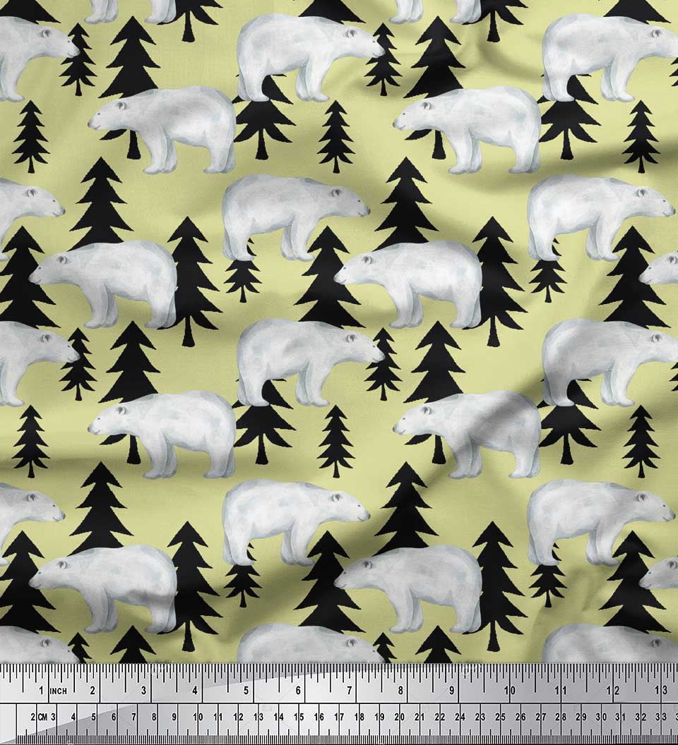 Soimoi Beige Silk Fabric Bear Tree Print Fabric by the Yard 44 Inch Wide
